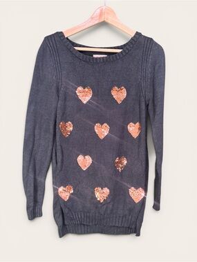 LC Lauren Conrad Sequin Heart Hi-Low Crew Neck Teal Sweater